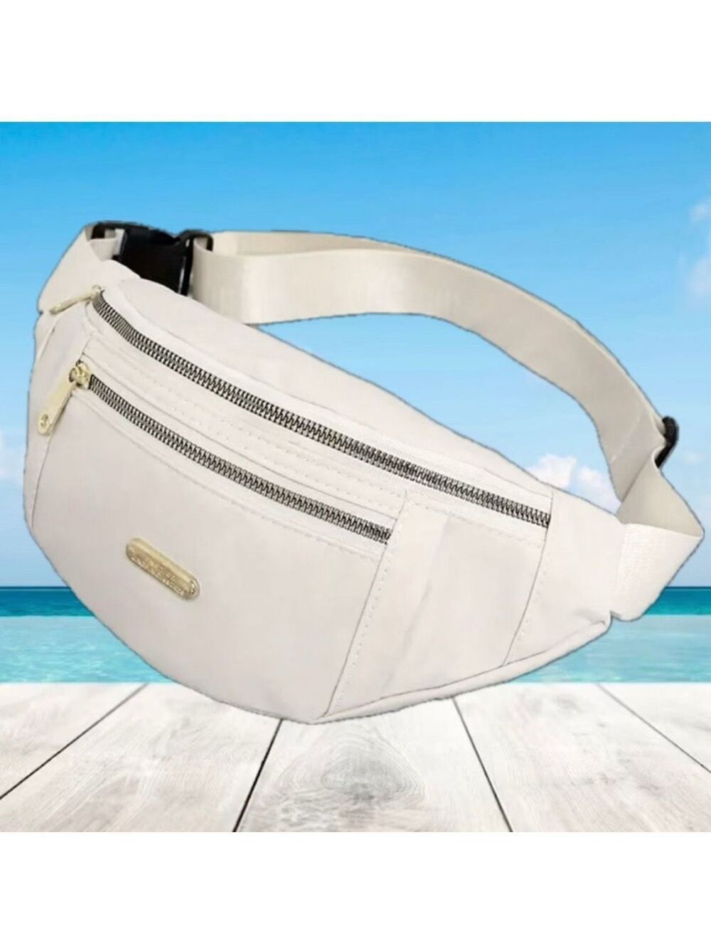 NWT Gorgeous White off /Ivory Nylon Sling Bag Fanny Pack with double gold zipper